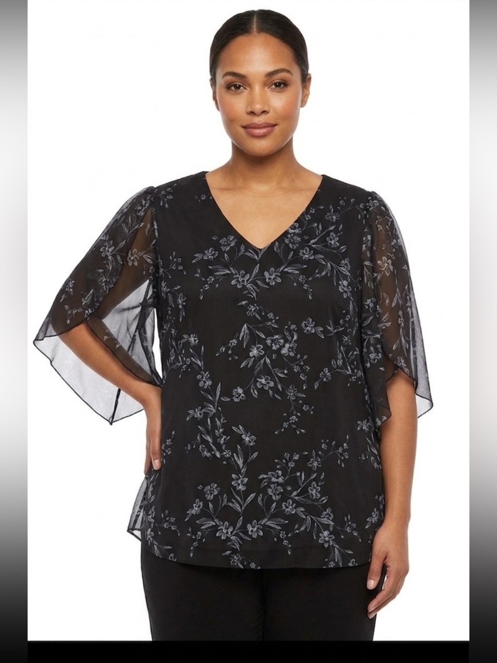 Cestyle Women’s Black Floral V-Neck Lined Sheer Sleeve Top Size XL